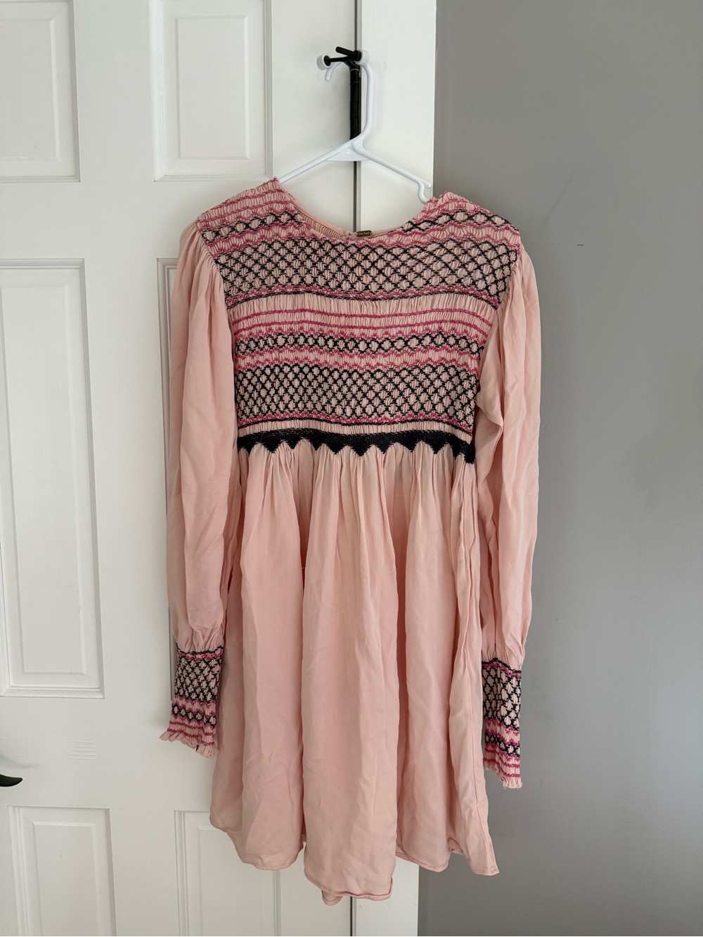 Free People Girls Pink Smocked Long-Sleeve Dress with Black Embroidery